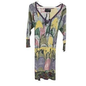 Custo Barcelona Dress Multicolor Knitwear Metallic Abstract V-Neck Mini y2k L